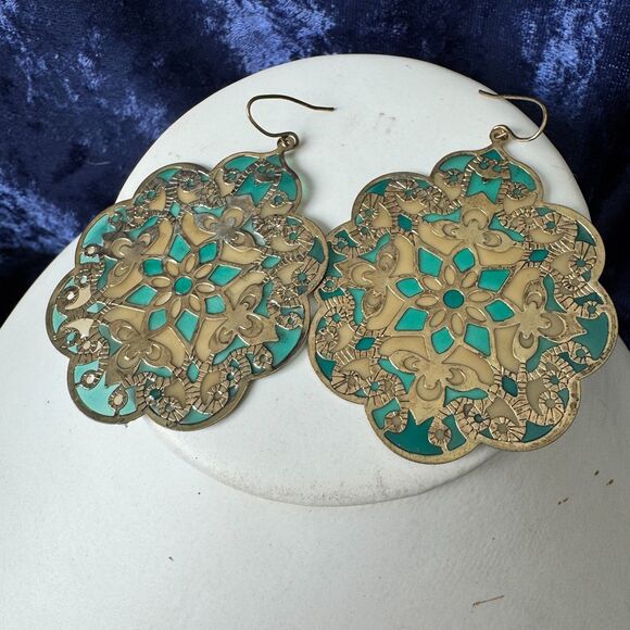 5/$25 Gold Teal Mandala Medallion Earrings - Picture 2 of 9